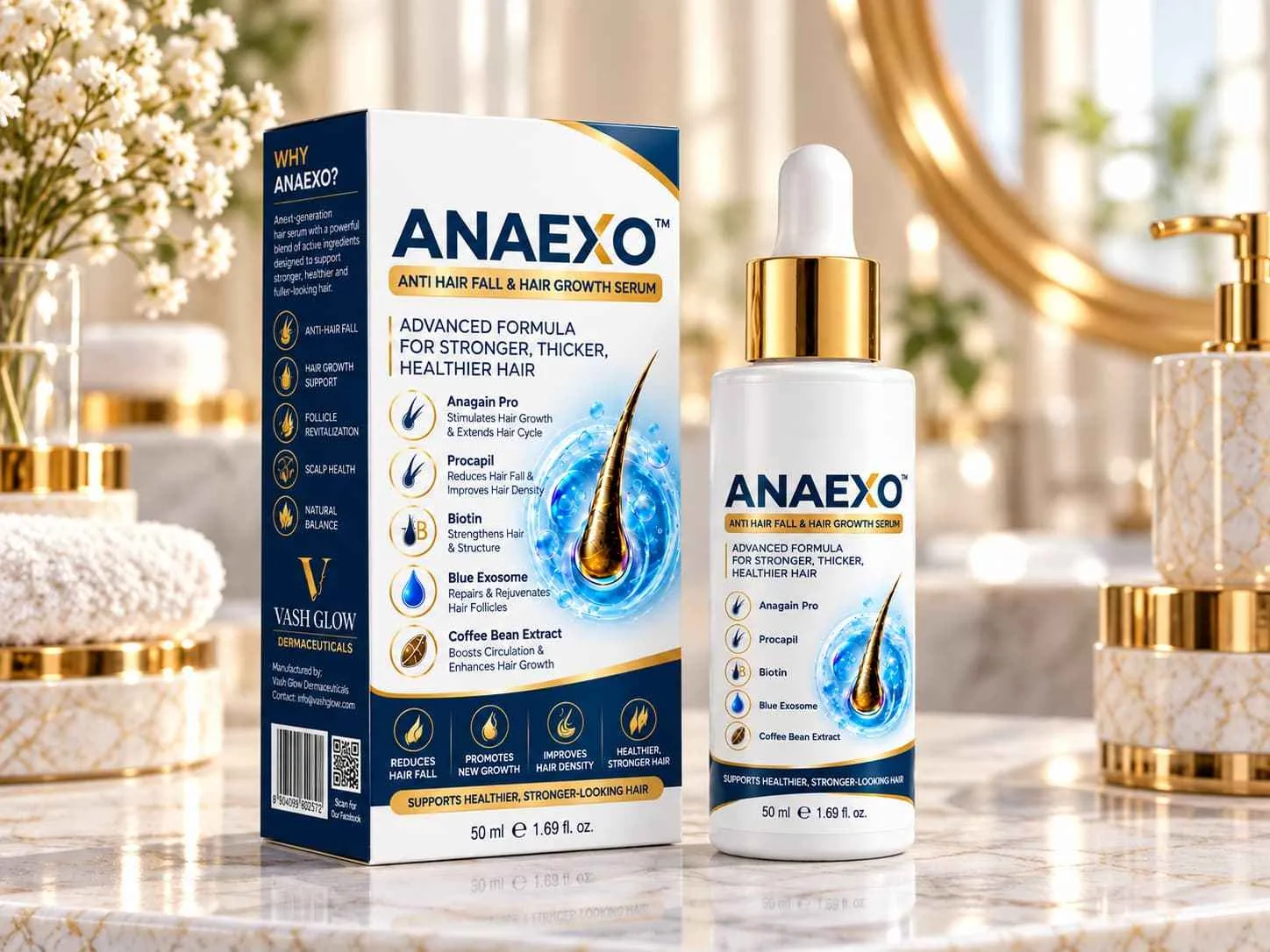 ANAEXO Anti Hair Fall & Hair Growth Serum box and 50ml dropper bottle