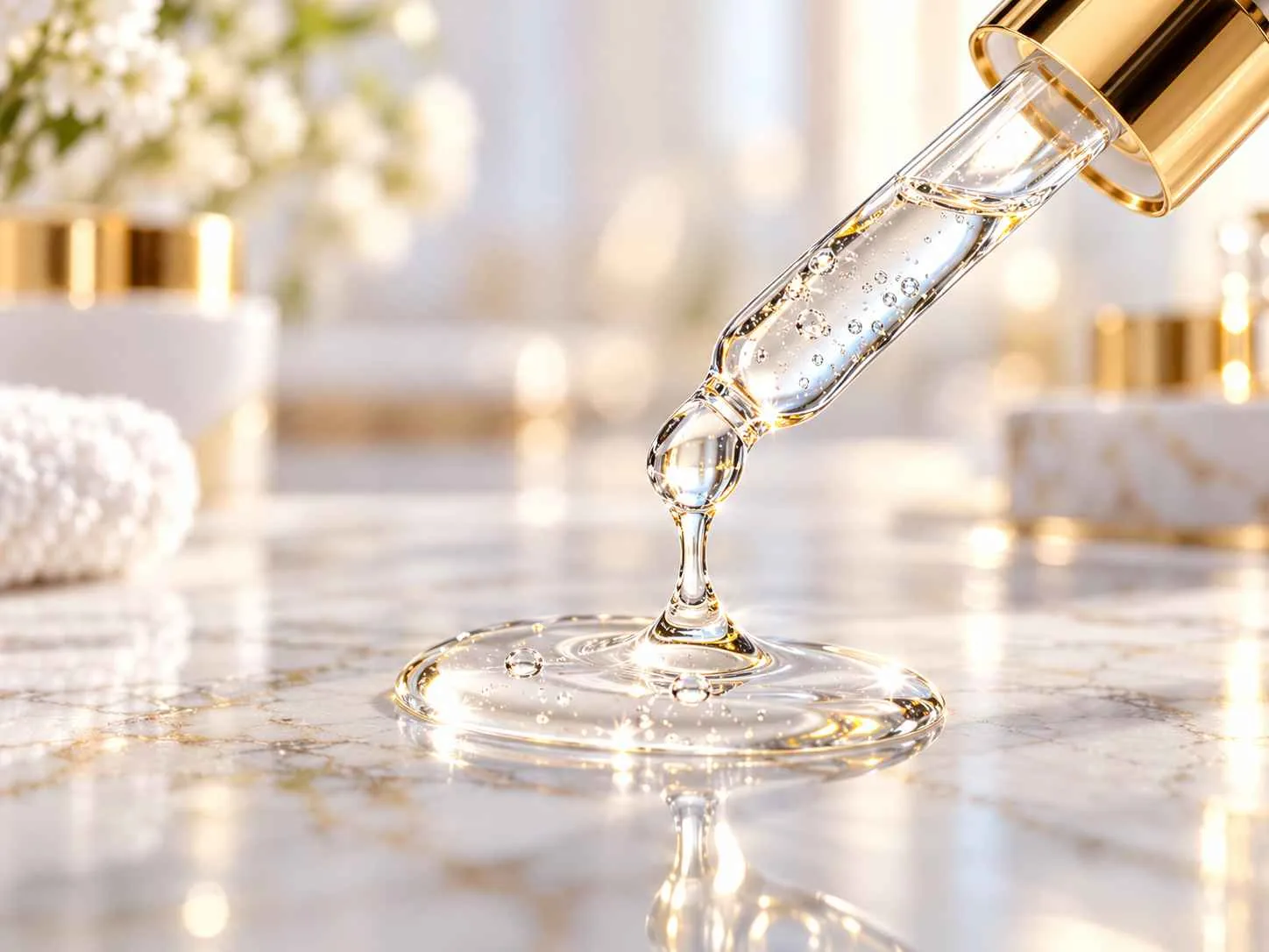 ANAEXO serum texture — clear dropper drop on marble